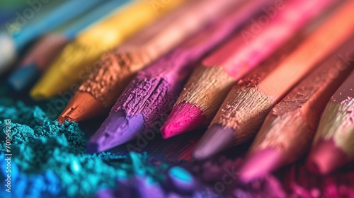 Colorful crayon pencils on a wooden table, close-up photo