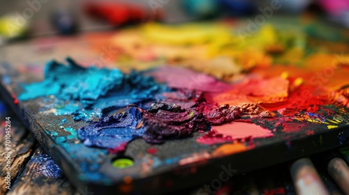 Paint palette and brushes on a wooden table, close-up