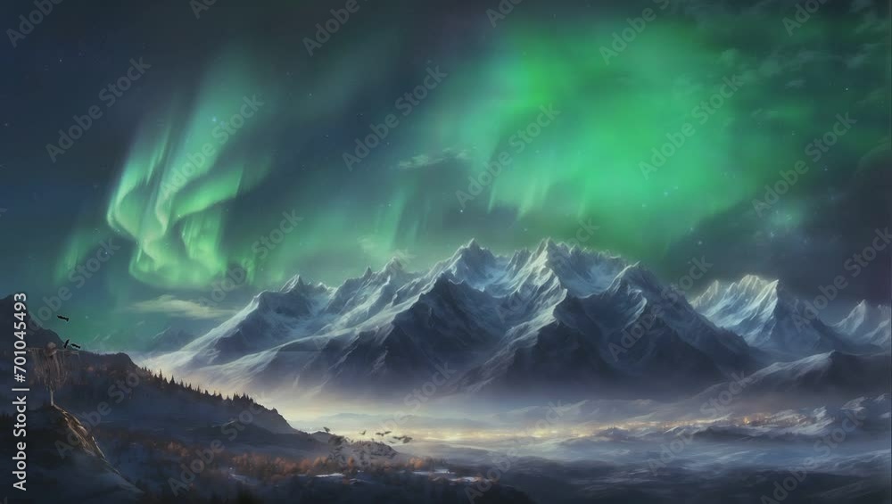 Aurora atmosphere landscape of beautiful stunning night sky, winter, mountains, with simple animation in Japanese anime watercolour style. A smooth looping video perfect for your projects Aurora atmosphere landscape of beautiful stunning night sky, winter, mountains, with simple animation in Japanese anime watercolour style. A smooth looping video perfect for your projects