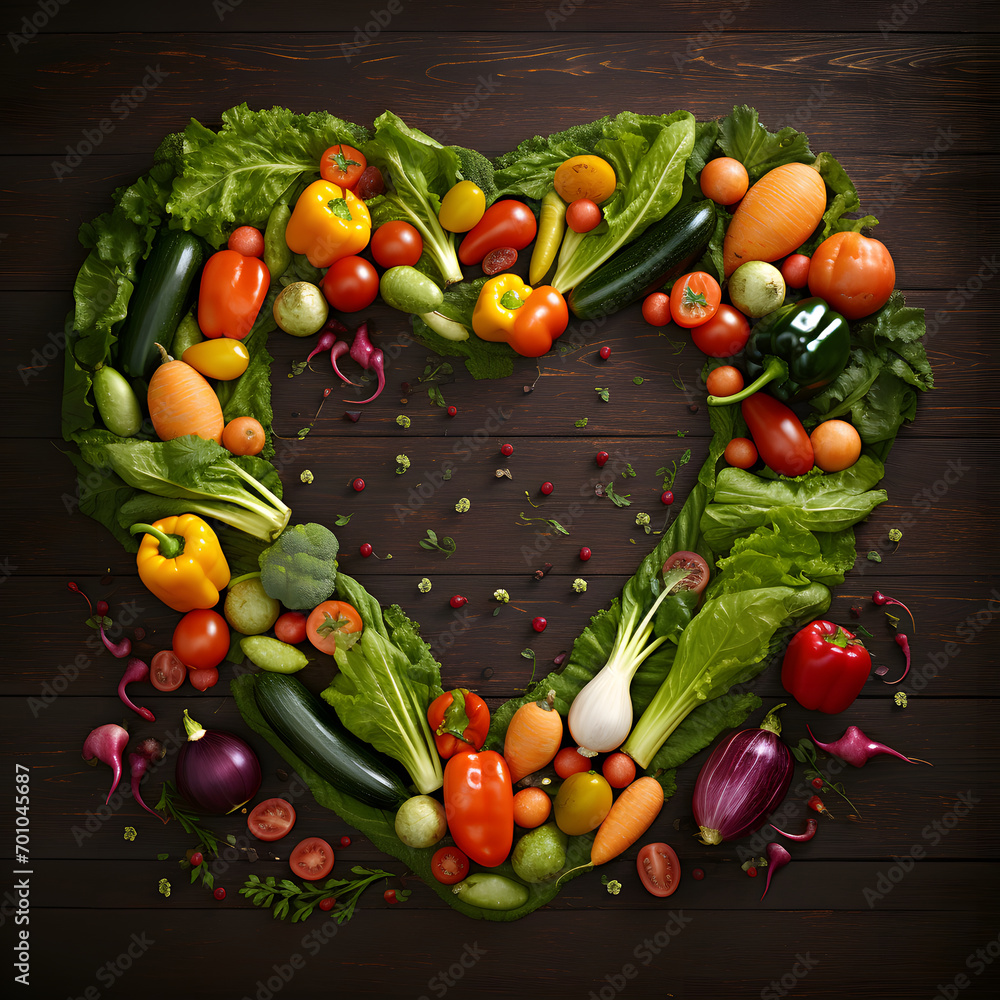 Heart made from colorful fresh vegetables.