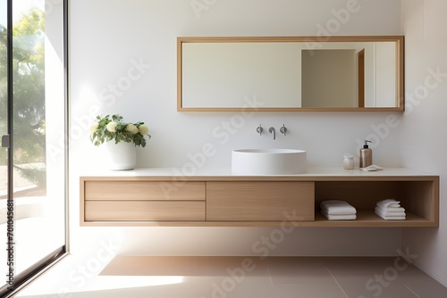 Minimalist modern classic bathroom with a floating vanity  frameless mirror  and a focus on simplicity and functionality