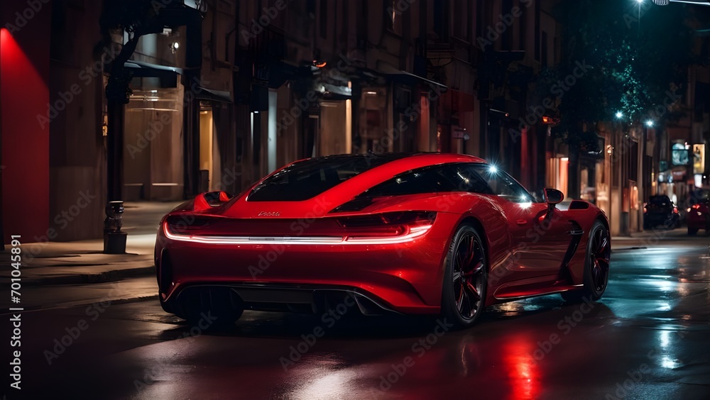red car on the street,Midnight Crimson: Red Car Elegance in the City,Urban Nocturne: Modern Auto Silhouette,Nighttime Reverie: Sleek Red Car in the Dark,Cityscape Symp