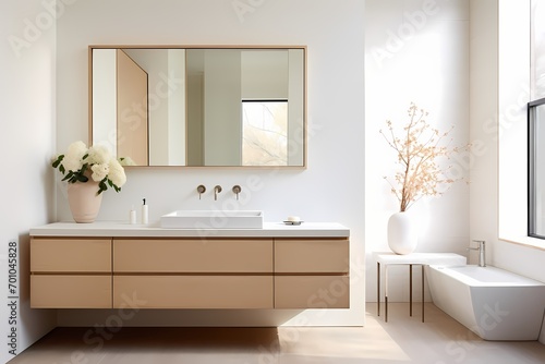 Minimalist modern classic bathroom with a floating vanity  frameless mirror  and a focus on simplicity and functionality