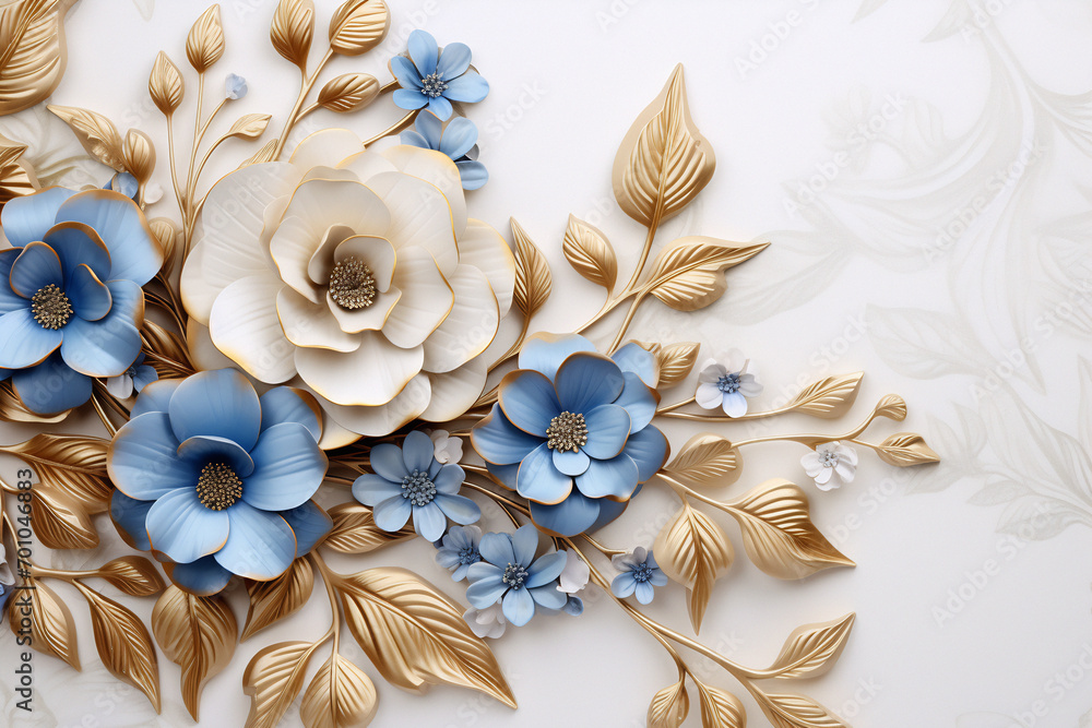 Elegant golden and blue flowers and branches on light background. Vintage floral decor for postcard. Fantastic plant 3d illustration Elegant golden and blue flowers and branches on light background. Vintage floral decor for postcard. Fantastic plant 3d illustration