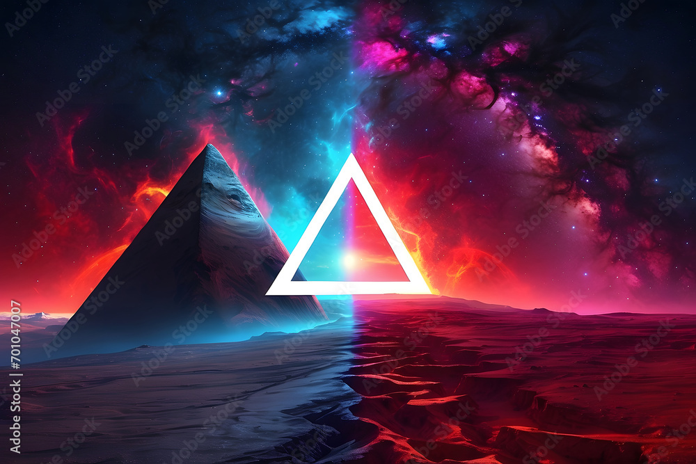 Abstract landscape with an arrow in the form of a triangle and neon lights. Fantasy alien planet. Mountain and lake. Generative AI Abstract landscape with an arrow in the form of a triangle and neon lights. Fantasy alien planet. Mountain and lake. Generative AI