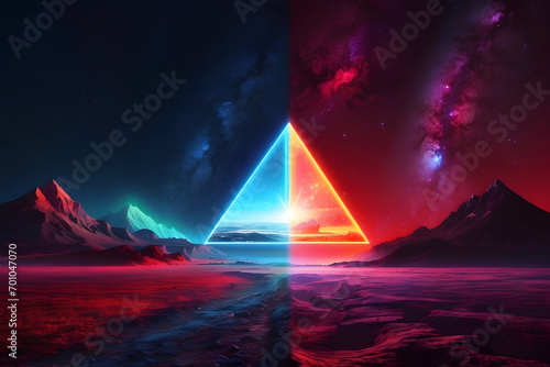 Abstract landscape with an arrow in the form of a triangle and neon lights. Fantasy alien planet. Mountain and lake. Generative AI