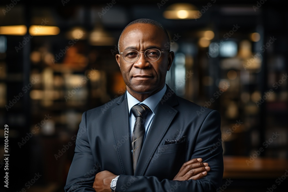 Fototapeta premium Portrait of an African American businessman, exuding confidence, professionalism, and a strong sense of leadership