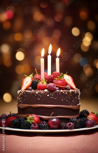 Delicious birthday cake with candle and bokeh background