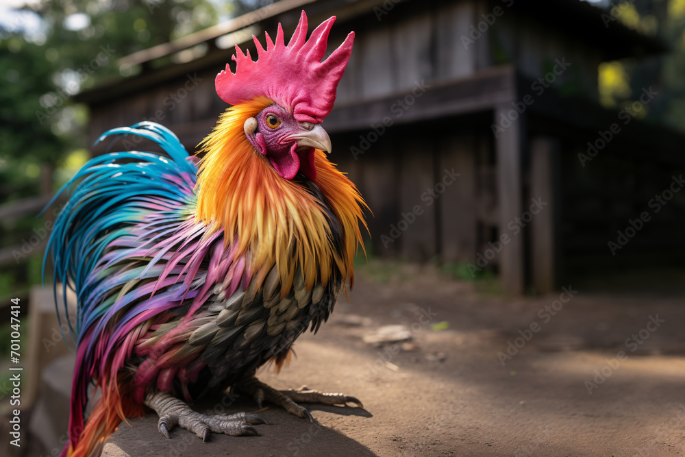 Rainbow color rooster posing in a yard