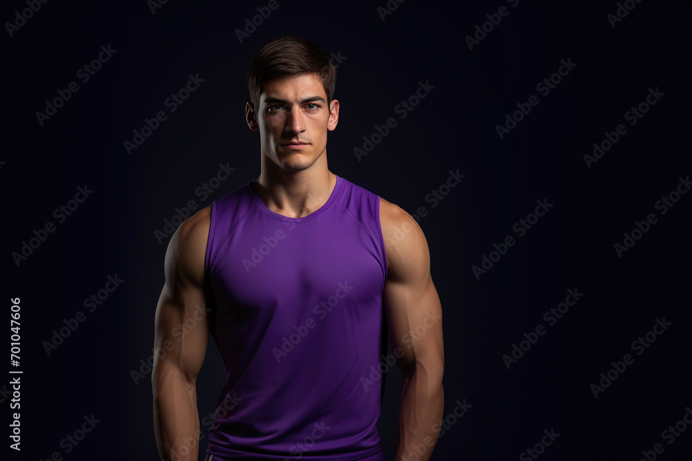 Confident Standing Pose: Muscular Man in Purple Top Confident Standing Pose: Muscular Man in Purple Top