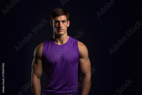 Confident Standing Pose: Muscular Man in Purple Top