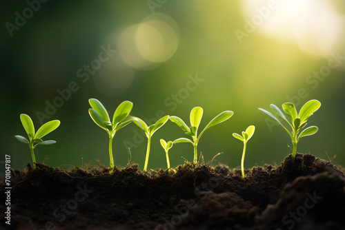 Sequence of young plant seedlings growing in soil with sunlight