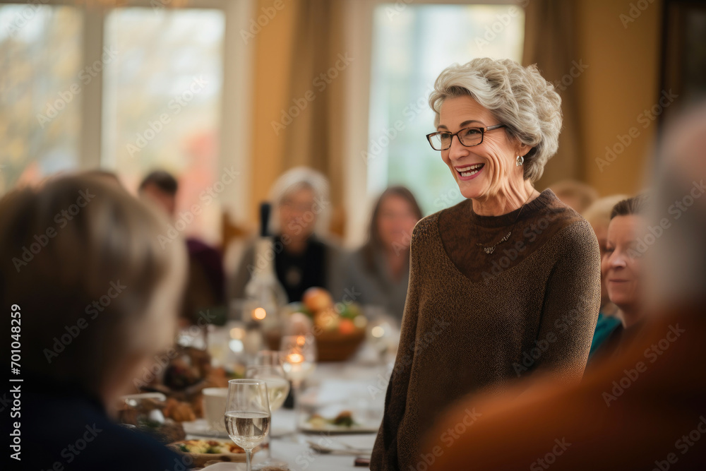 Graceful Elderly Woman Leading Thanksgiving Conversations