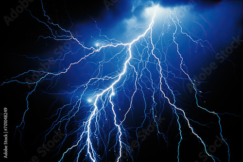 Blazing Lightning Bolt Illuminates Shadowy Firmament Amidst Blue Thunderstorm Backdrop
