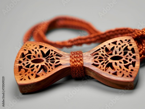 An oak wood bow tie on the top of a rope, in the style of intricate cut-outs.