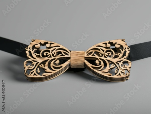 Wood bow tie made out of black wooden material, in the style of baroque ornamental flourishes, vray, layered and complex compositions, light brown, decorative arts, maori art.