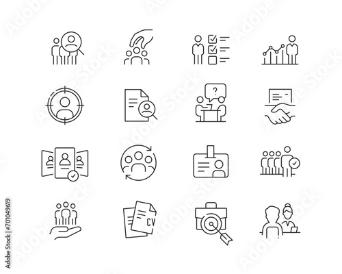 Recruitment Icon collection containing 16 editable stroke icons. Perfect for logos, stats and infographics. Edit the thickness of the line in Adobe Illustrator (or any vector capable app).