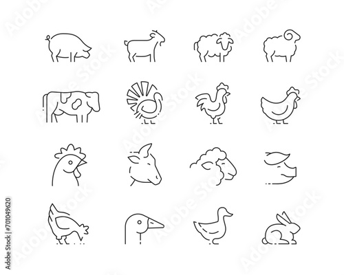 Farmyard Animals Icon collection containing 16 editable stroke icons. Perfect for logos, stats and infographics. Edit the thickness of the line in Adobe Illustrator (or any vector capable app).