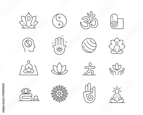 Yoga Icon collection containing 16 editable stroke icons. Perfect for logos, stats and infographics. Edit the thickness of the line in Adobe Illustrator (or any vector capable app).