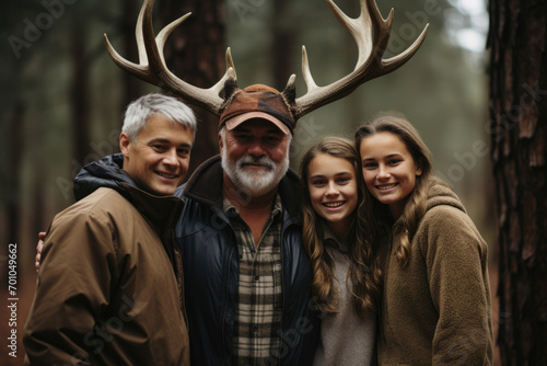 man with deer horns in a family photo, the concept of adultery