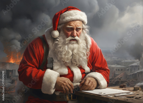 Drawing of santa claus sad upset and disappointed in bombarded ukraine city crying in disbelief of the devestation and shelling photo