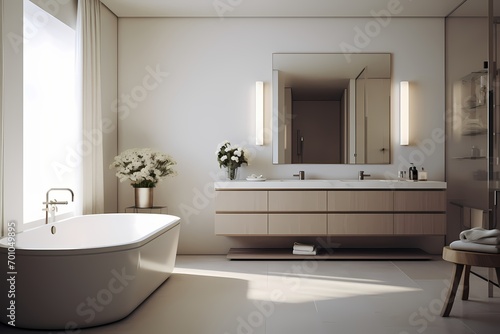 Modern classic minimalist bathroom with sleek fixtures, clean lines, and a soothing color palette