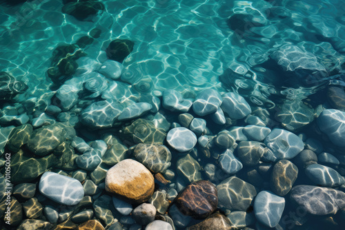Ocean or sea shore with stones in blue water