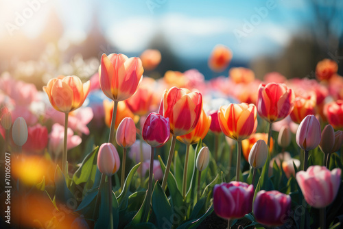 Blooming tulips in a field, selective focus #701050077