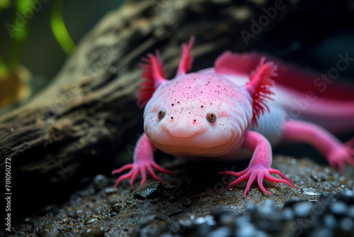 Vibrant pink axolotl resting on moist rocks © sahar