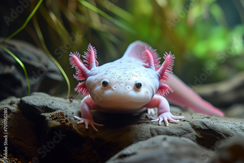 Captivating axolotl perched on a rocky terrain in daylight
