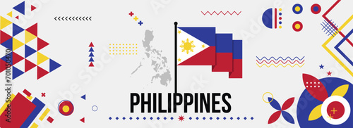 Philippines national or independence day banner for country celebration. Flag and map of Filipino with modern retro design with typorgaphy abstract geometric icons. Vector illustration.