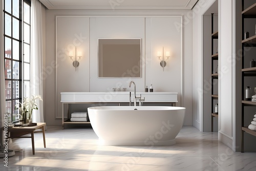 Modern classic minimalist bathroom in a residential setting  emphasizing clean lines  high-end fixtures  and a serene ambiance