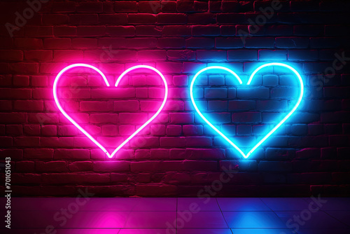 3D Neon Heart Signboard in Blue, Pink, and Red on a Textured Bricks Wall. Perfect for Valentine's Day Vibes