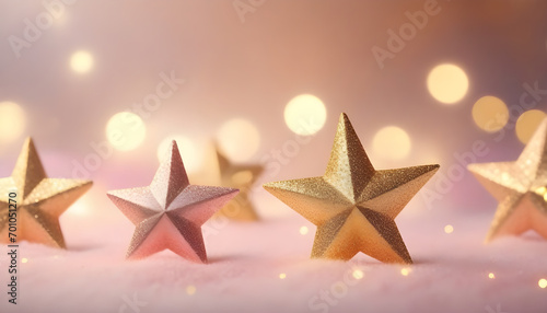 Gold stars glitter light with blurred bokeh. Christmas background. banner