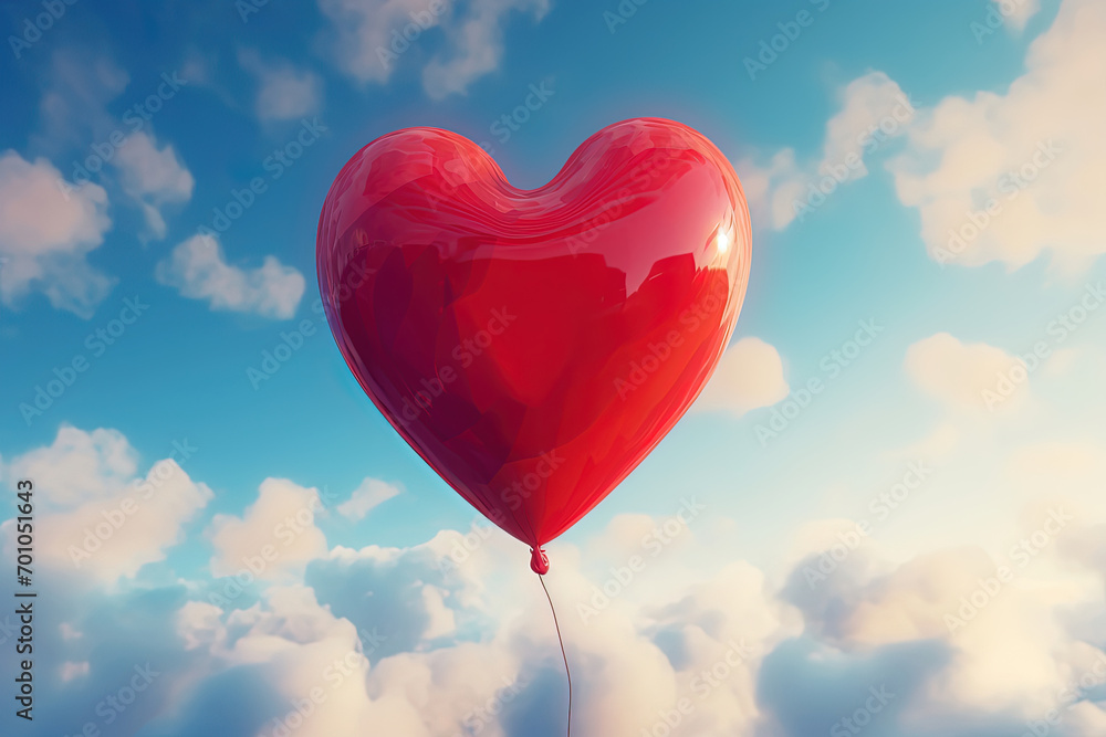 3D Red Heart-Shaped Hot Air Balloons Soaring in the Sky. Valentine's Day, Mother's Day, Birthday, Party Celebration with Ample Copy Space