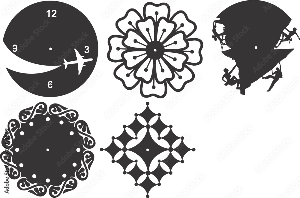 Different Designs 5 Pattern Wall Clocks Vector template for laser cut ...