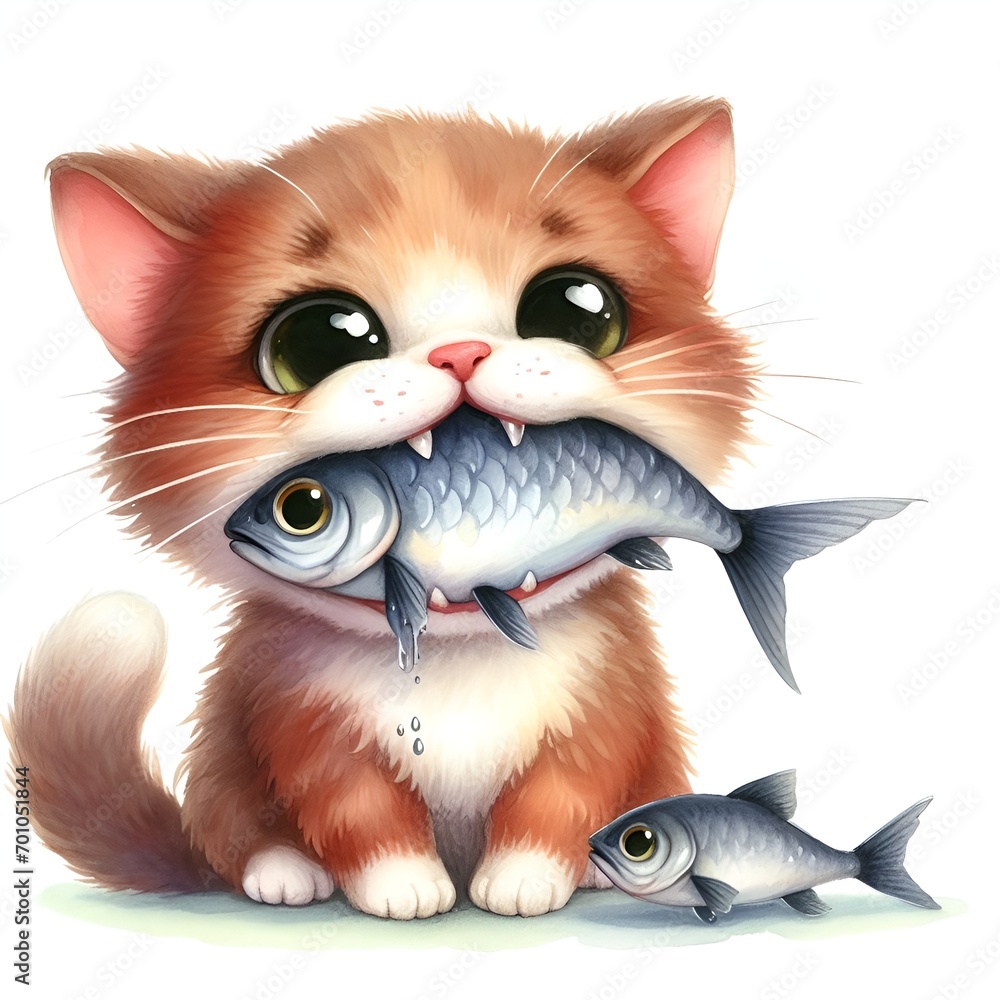 Fototapeta premium Cute cat with fish in teeth watercolor paint