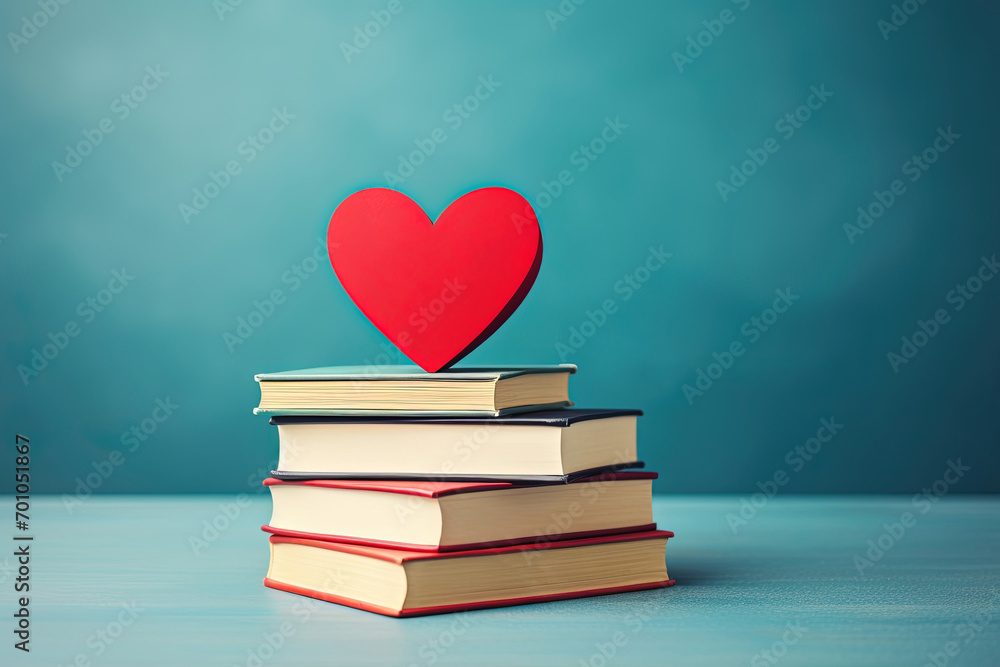 Red Paper Heart on Stack of Books on Blue Background. World Book Day Poster with Empty Copy Space for Text Red Paper Heart on Stack of Books on Blue Background. World Book Day Poster with Empty Copy Space for Text