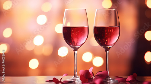 Two Glasses of Wine with Pink Rose Petals and Bokeh Background. Valentine's Day Banner, Celebration with Wine and Red Rose Romantic Concept