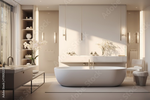 Modern classic minimalist bathroom in a residential setting  emphasizing clean lines  high-end fixtures  and a serene ambiance