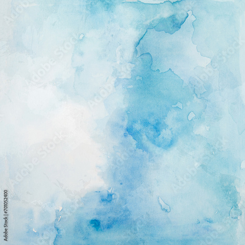 Watercolor light blue background. Painted texture. Hand drawn watercolor. Artistic background with copy space for design. Web banner. Abstract transparent pale  fresh background. 
