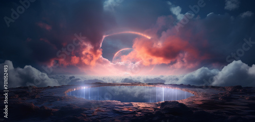 A captivating scene unfolds with a neon light ring surrounding an abstract 3D-rendered cloud against the deep, starlit night sky. © UMR