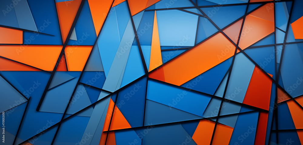 Sleek and minimalist, a backdrop showcases an intricate arrangement of dynamic blue shapes intersected by bold and vivid orange lines, forming an engaging geometric pattern.