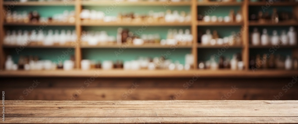 Blurred Pharmacy Table on Empty Wooden Table Background, Wooden Table, Copy Space