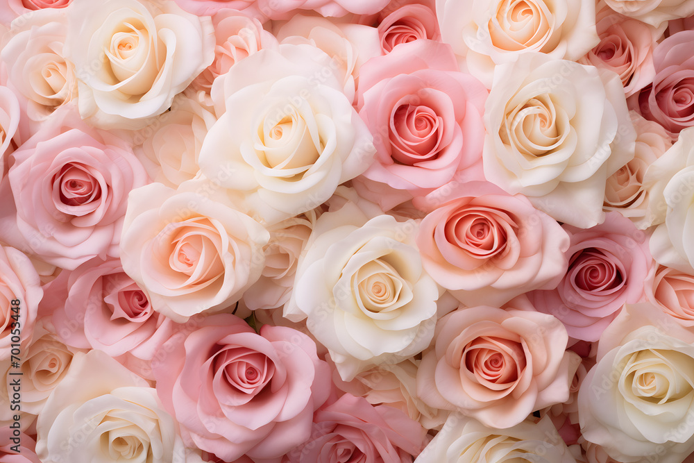 Top view of many pink and cream white roses. Valentine's day background
