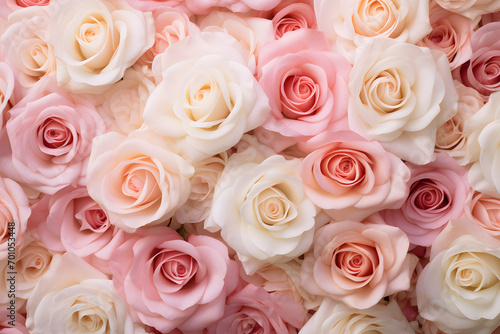 Top view of many pink and cream white roses. Valentine s day background