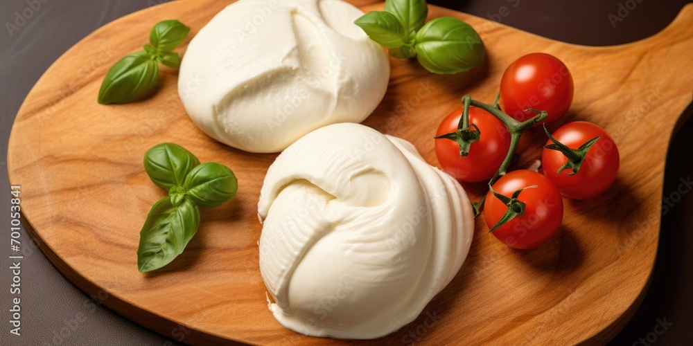 White balls of Italian soft cheese Mozzarella di Bufala Campana served with fresh green basil and red tomatoes White balls of Italian soft cheese Mozzarella di Bufala Campana served with fresh green basil and red tomatoes