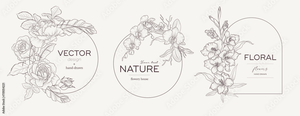 Set of vintage elegant floral logo for beauty, natural and organic products, cosmetics, spa and wellness, fashion. Vector illustrations Boho hand drawn line for graphic and web design, marketing mater