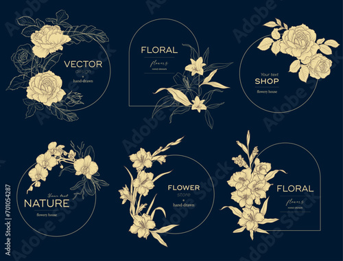 Set of vintage elegant floral logo for beauty, natural and organic products, cosmetics, spa and wellness, fashion. Vector illustrations Boho hand drawn line for graphic and web design, marketing mater © Nessa
