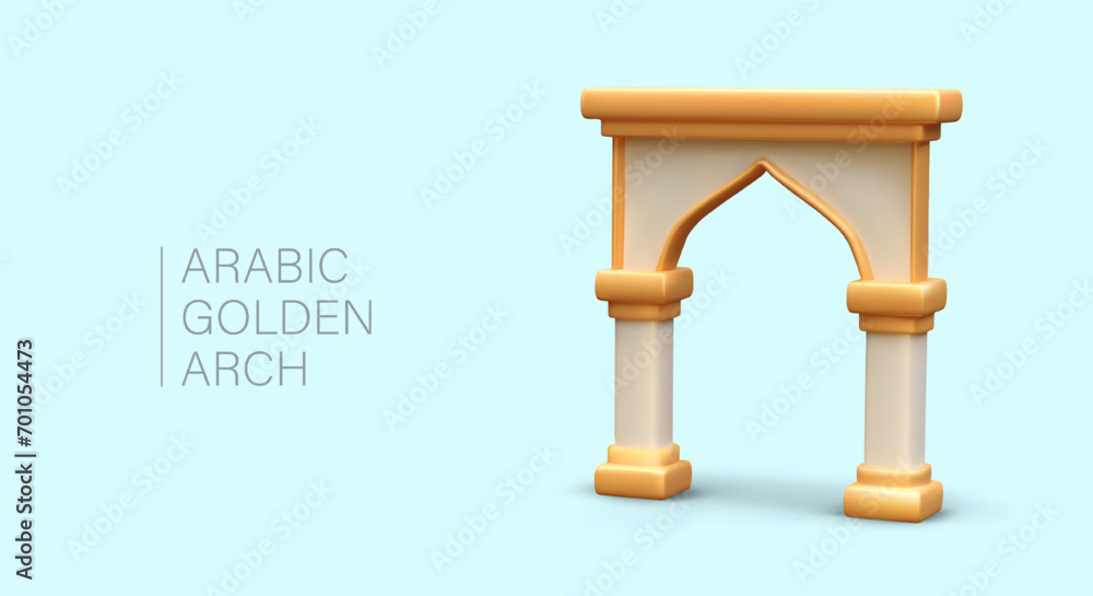 Arabian Golden Arch. Decorative part of mosque. Muslim architecture. Frame for passage, windows. Realistic vector illustration. Figured gate to prayer house Arabian Golden Arch. Decorative part of mosque. Muslim architecture. Frame for passage, windows. Realistic vector illustration. Figured gate to prayer house